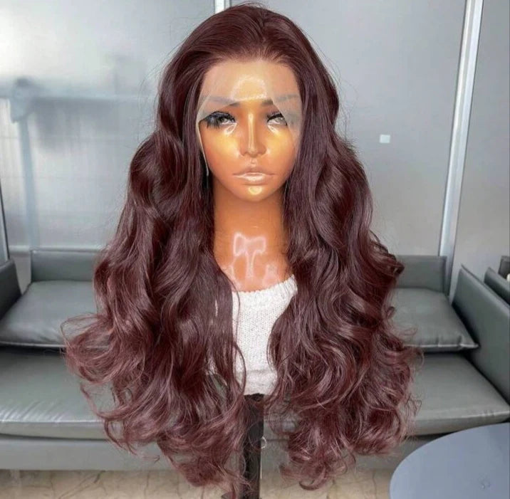 Long Body Wave Glueless Kanekalon Wig – 22” Lace Front with Curtain Bangs