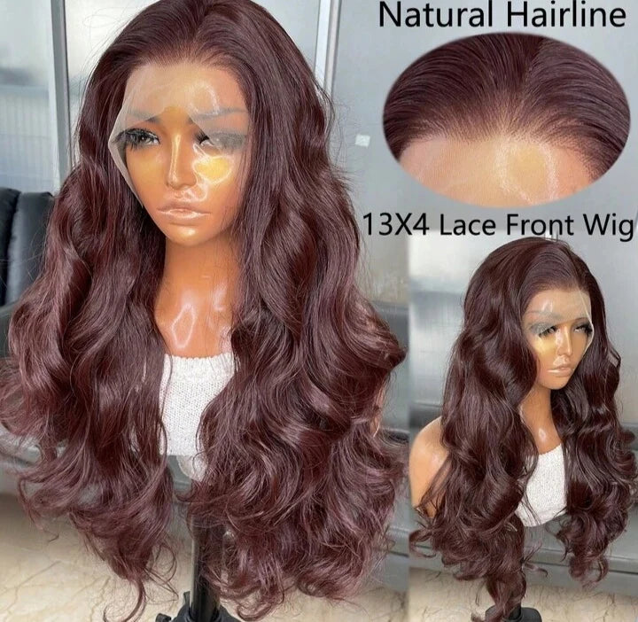 Long Body Wave Glueless Kanekalon Wig – 22” Lace Front with Curtain Bangs